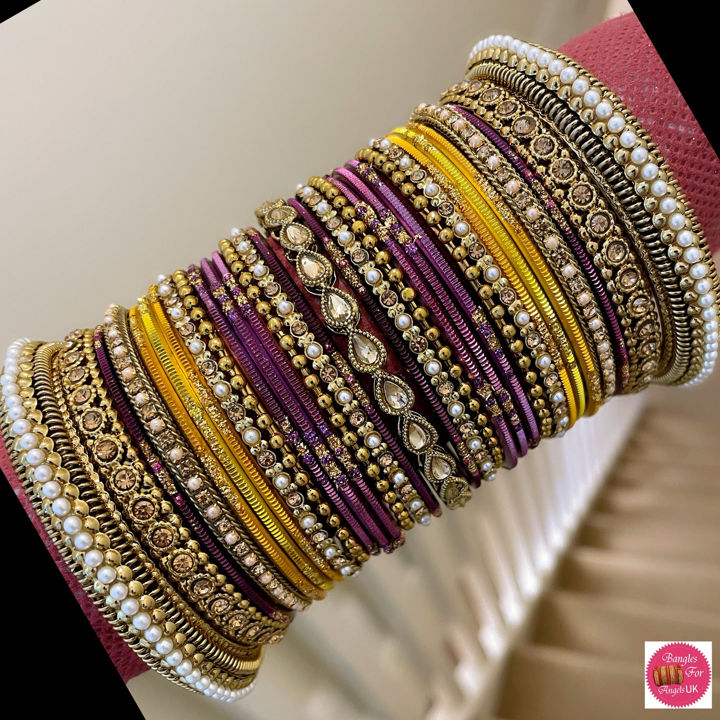 Kundan Pearl Set - Mustard Yellow/Purple