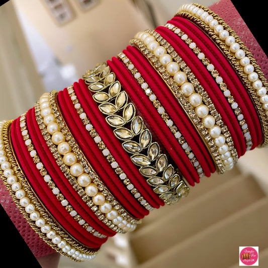 Kundan Pearl Metal Bangle Set - Red