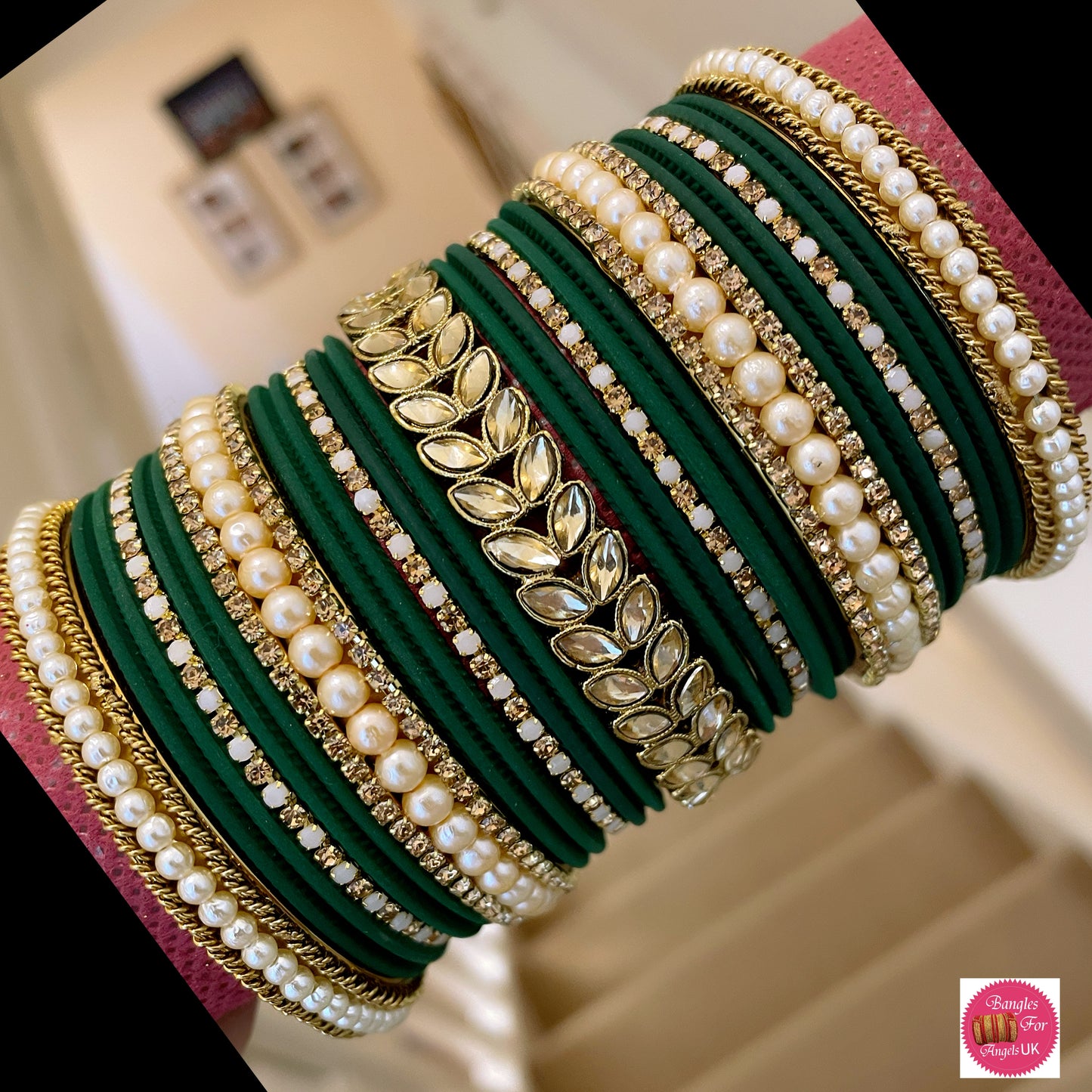 Kundan Pearl Bangle Set - Green