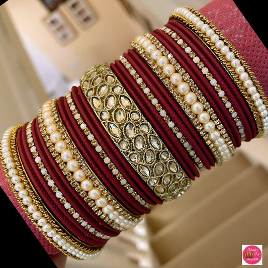 Kundan Pearl Metal Bangle Set - Maroon