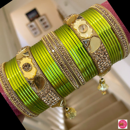 Gold Hanging Bangle Set - Green