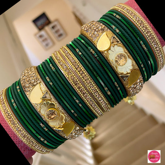 Gold Hanging Bangle Set - Dark Green