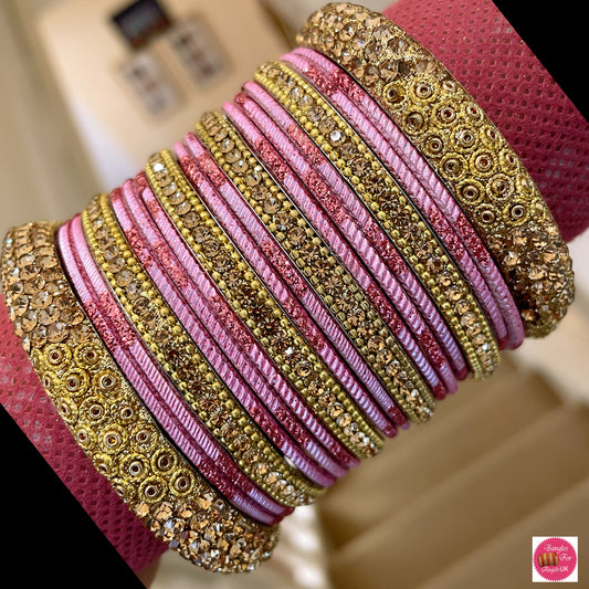 Gold Metal Bangle Set - Pink