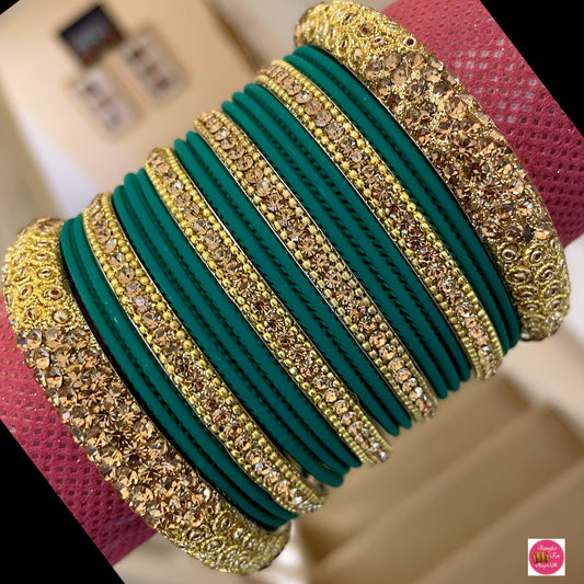 Gold Metal Bangle Set - Green