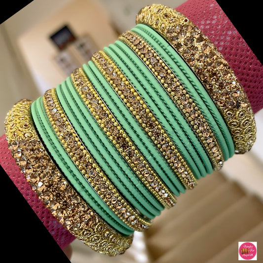 Gold Metal Bangle Set - Mint Green