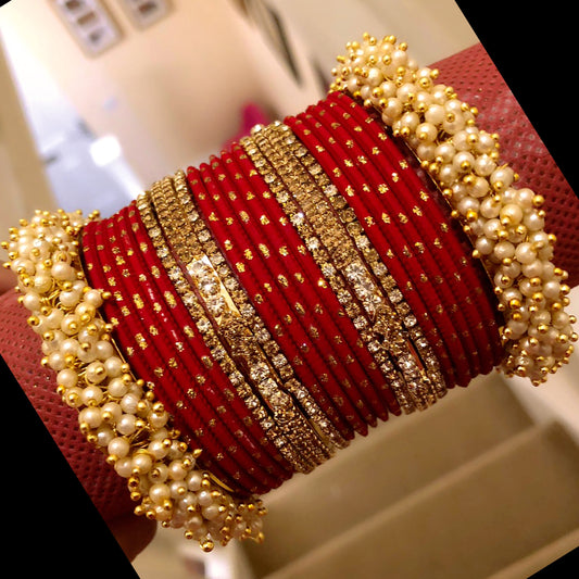 Pearl/Zirconia/Stone Metal Bangle Set - Red