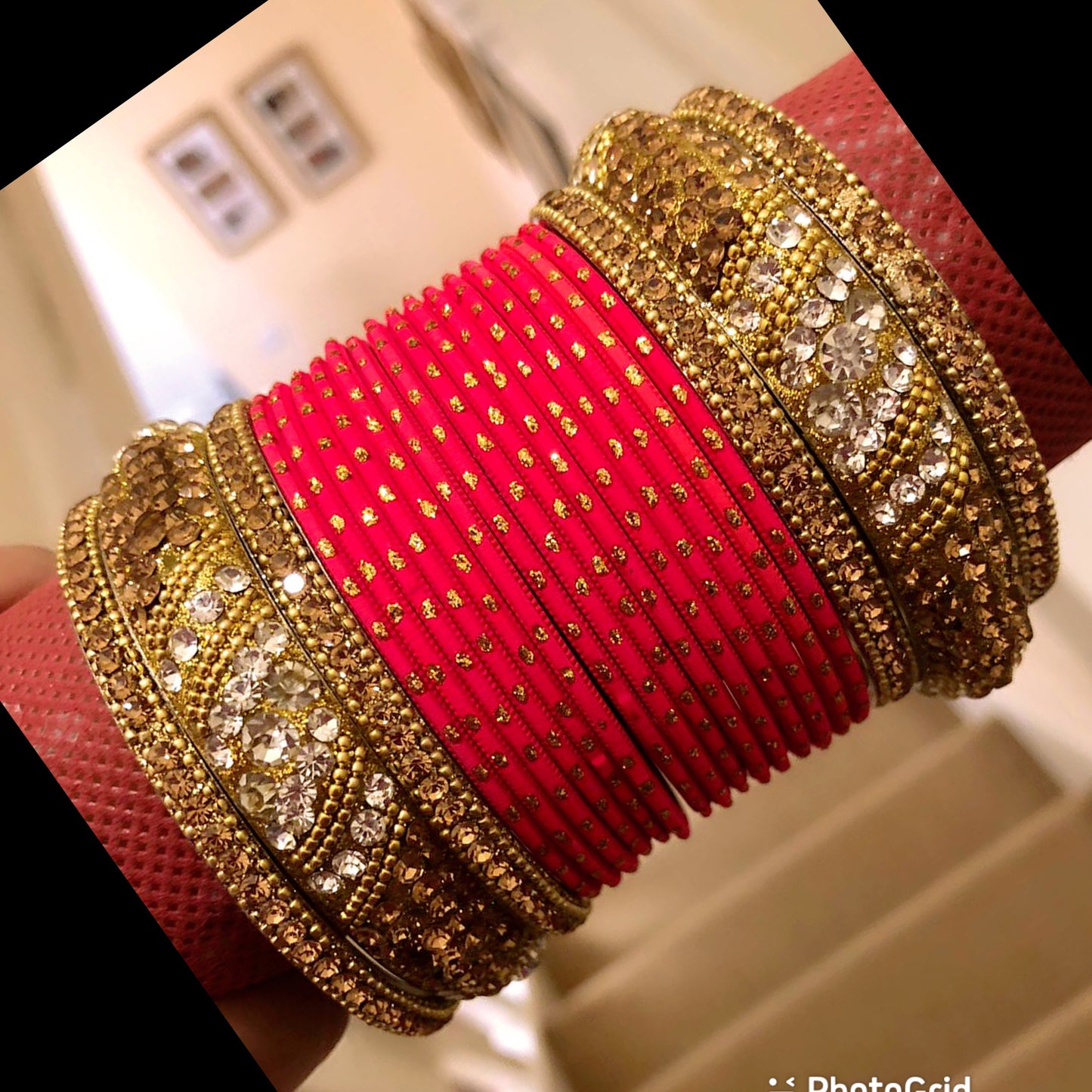 Gold Metal Bangle Set - Pink