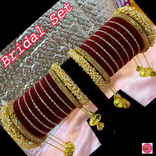 Pearl Hanging Zirconia Velvet Bangle Set - Maroon