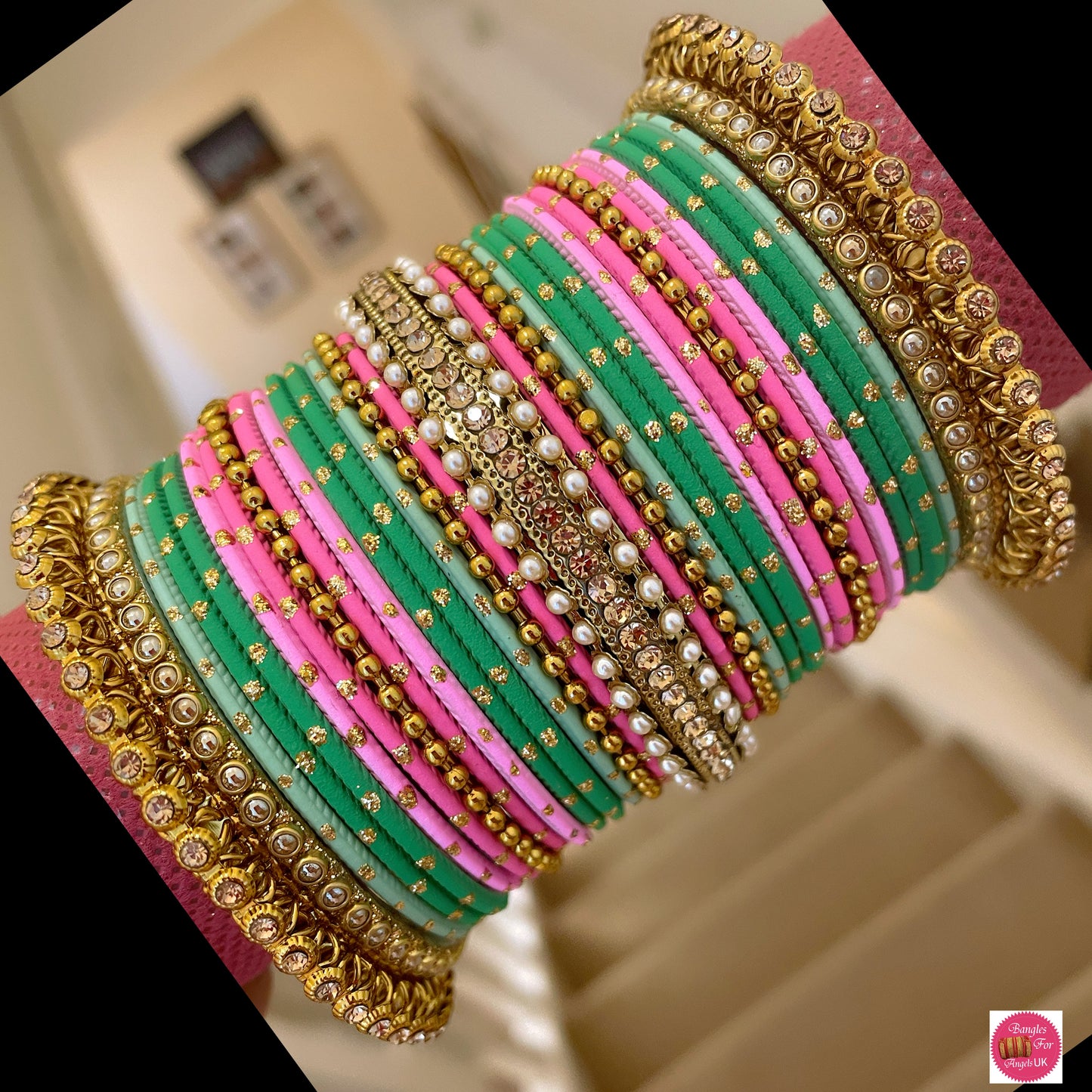 Multicoloured Bangle Set - Pink & Green