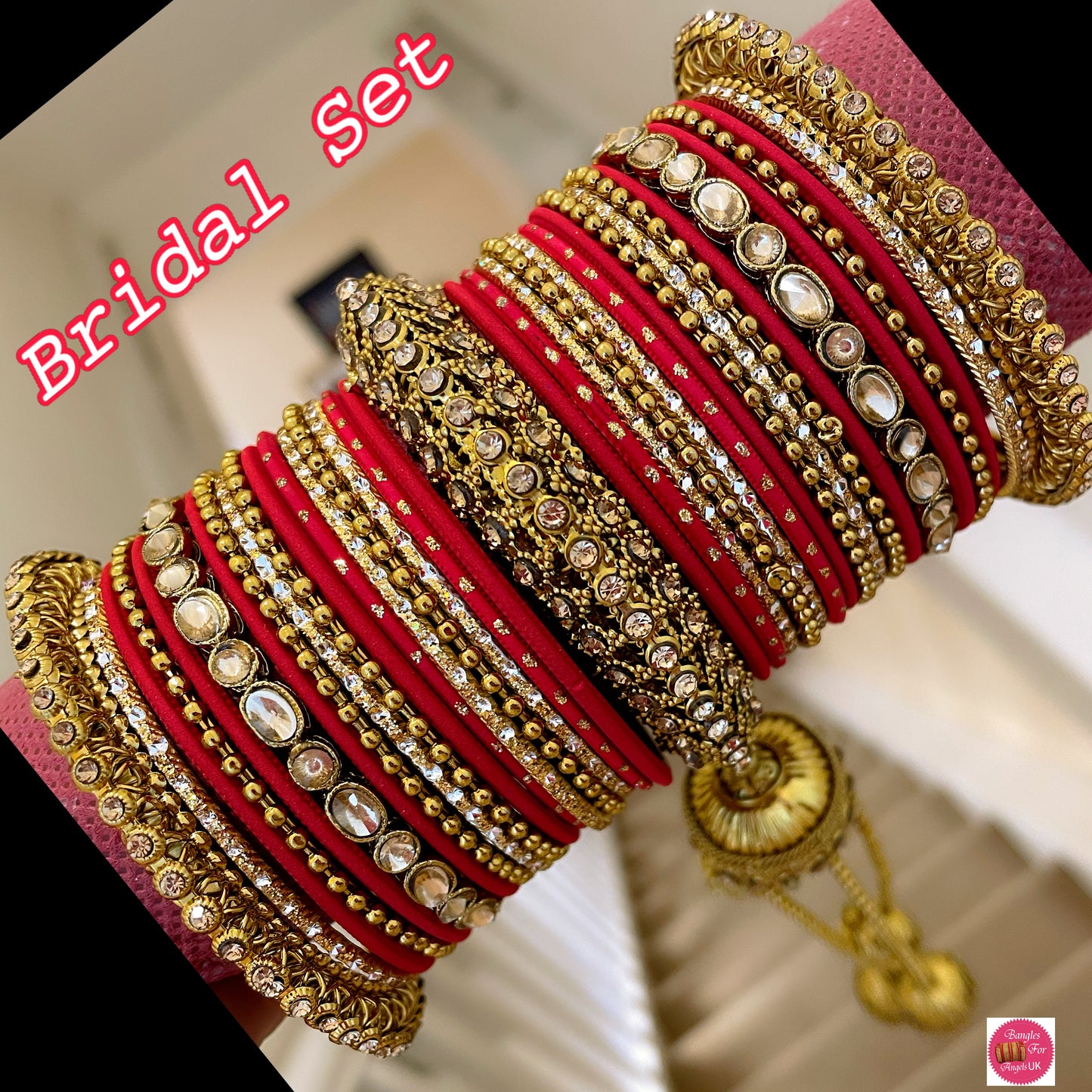 Red Kundan Hanging Metal Bangle Set