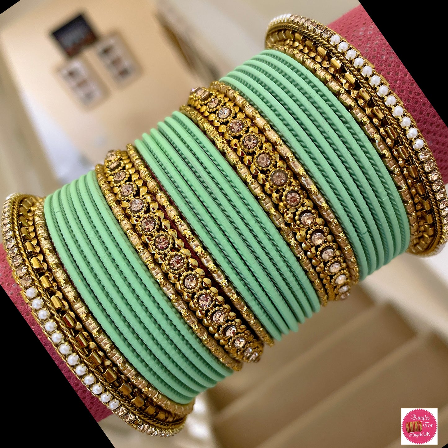 Gold Metal Bangle Set - Mint Green