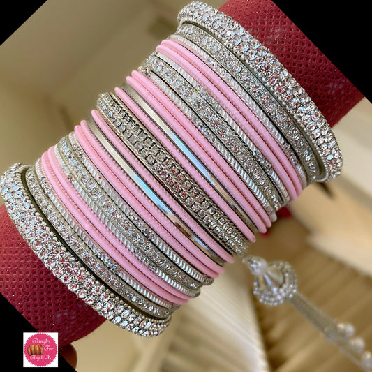 Silver Metal Hanging Bangle Set - Pink