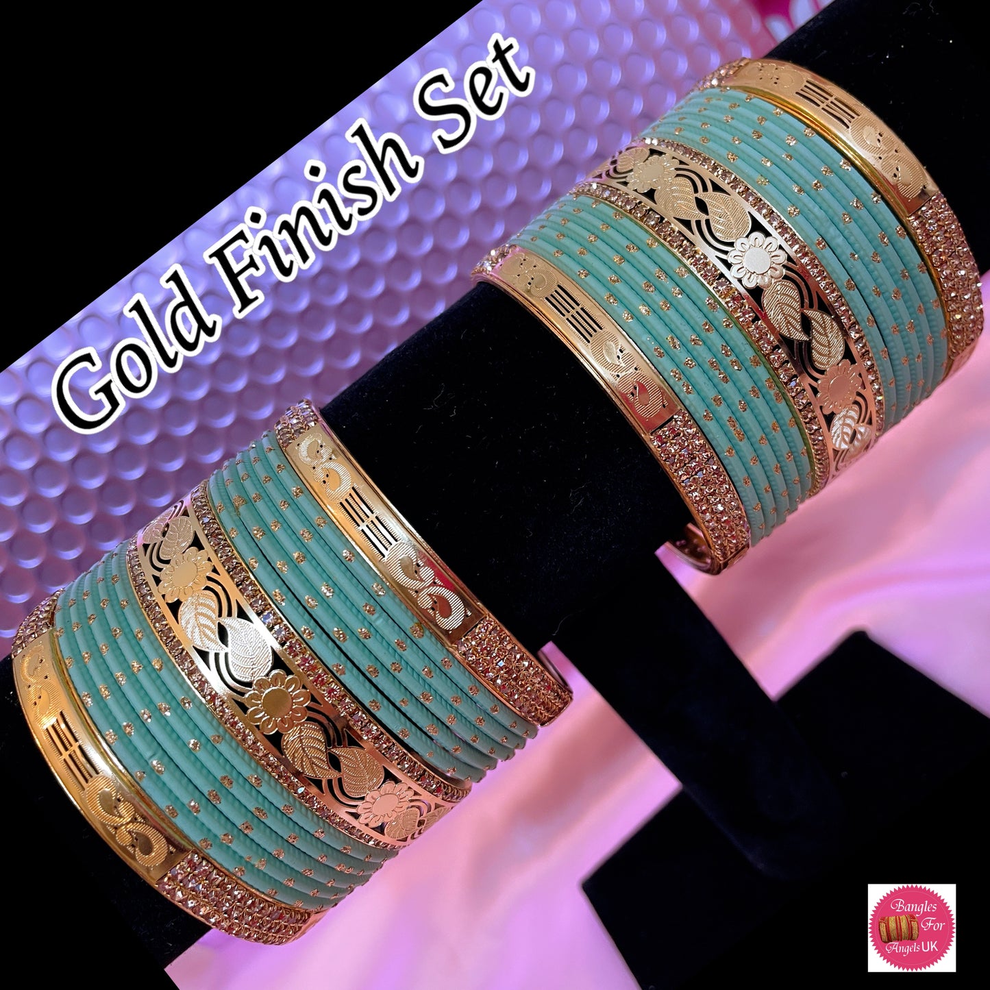 Gold Finish Metal Bangle Set - Mint Green