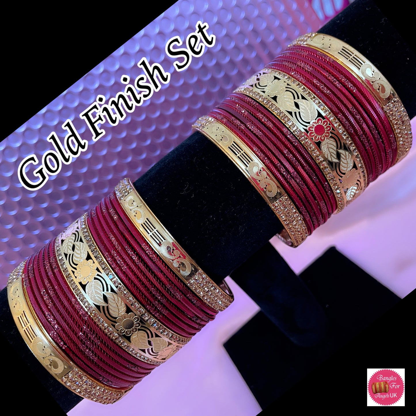 Gold Finish Metal Bangle Set - Maroon