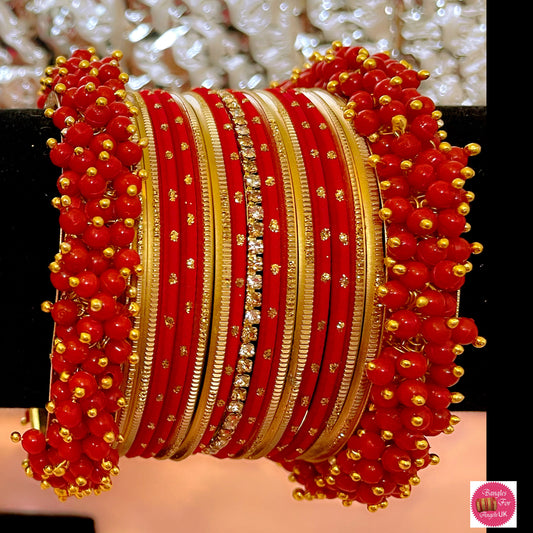 Beaded Red Metal Bangle Set