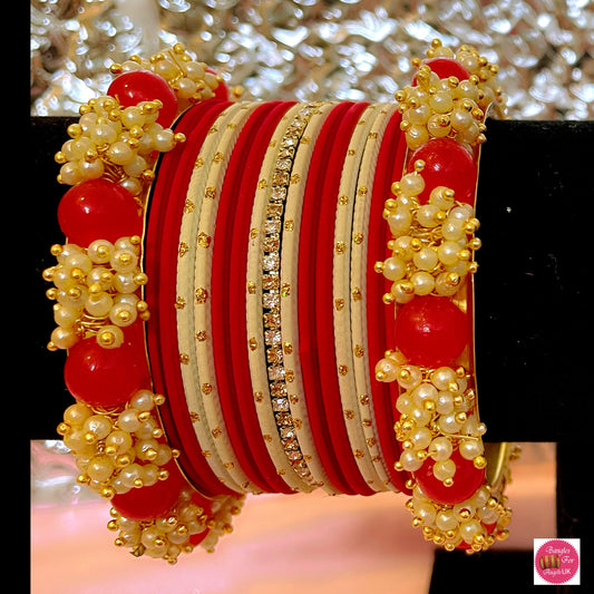 Beaded Red & White Metal Bangle Set