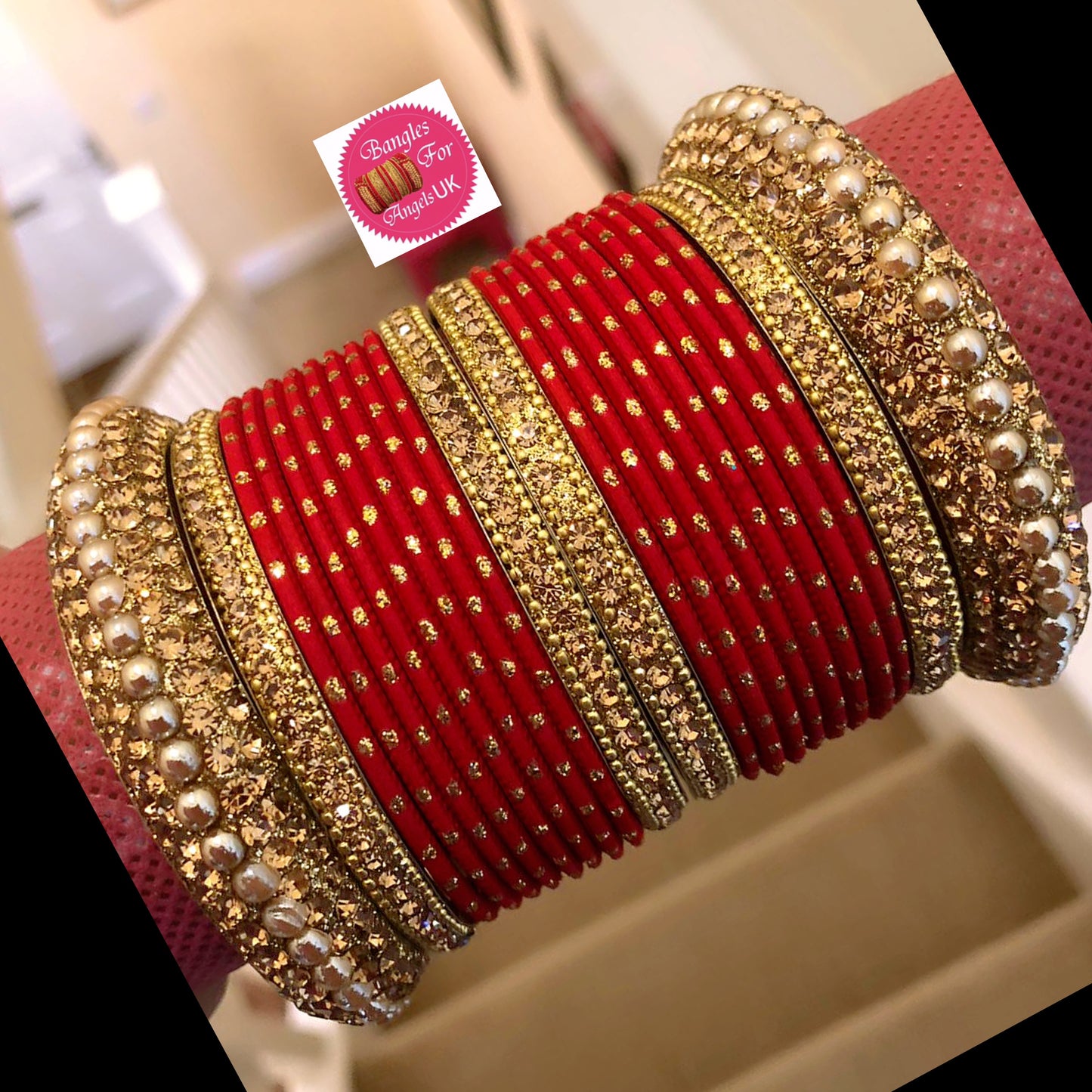 Gold Metal Bangle Set - Red