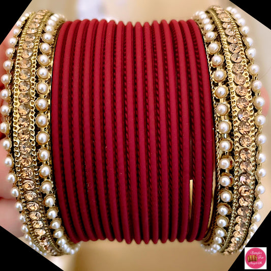 Pearl Metal Bangle Set - Maroon