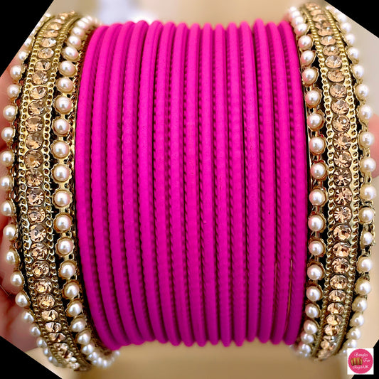 Pearl Metal Bangle Set - Pink