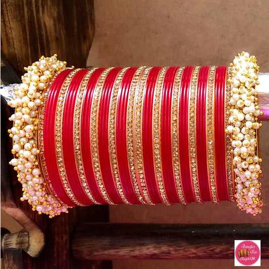 Pearl Bridal Chura Bangle Set - Red