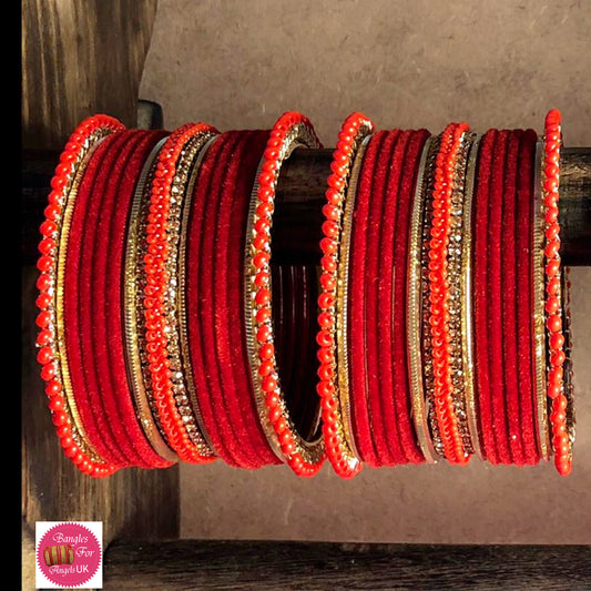 Zirconia Velvet Bangle Set - Red