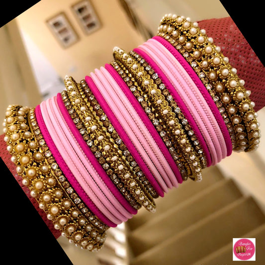 Pearl Metal Bangle Set - Pink