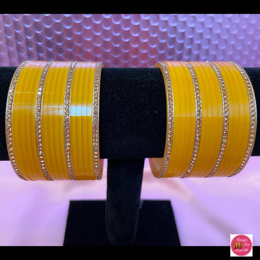 Yellow Diamonte Plastic Chura Bangles Set