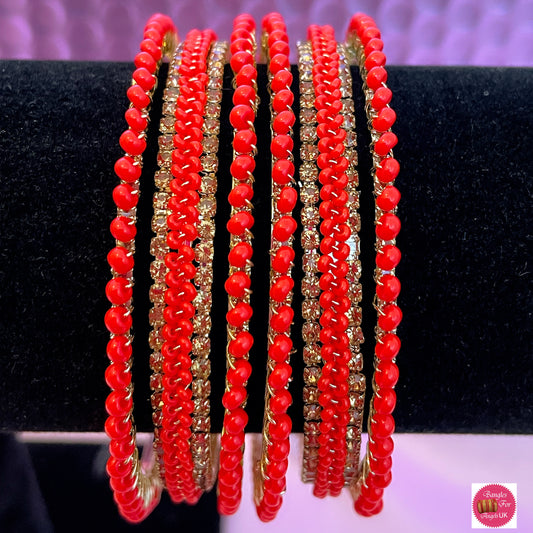 Red & Gold Zirconia 6pcs Metal Bangles Set- Size 2.10