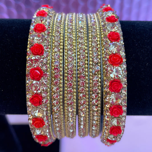 Red Flower Metal Bangle Set