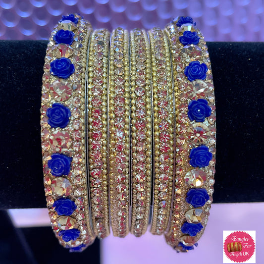 Blue Flower Metal Bangle Set- Size 2.4/2.6/2.10