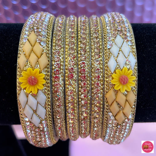 Flower Gold Metal Bangle Set- Size 2.4/2.6