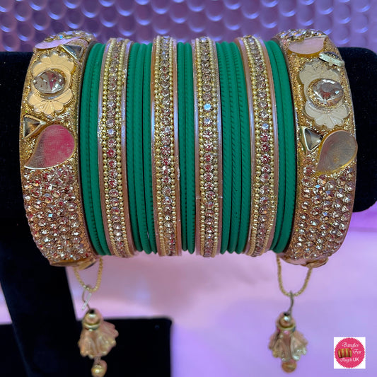 Gold Hanging Bangle Set - Green