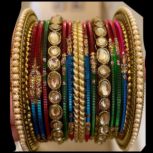 Multicoloured Kundan Metal Bangle Set