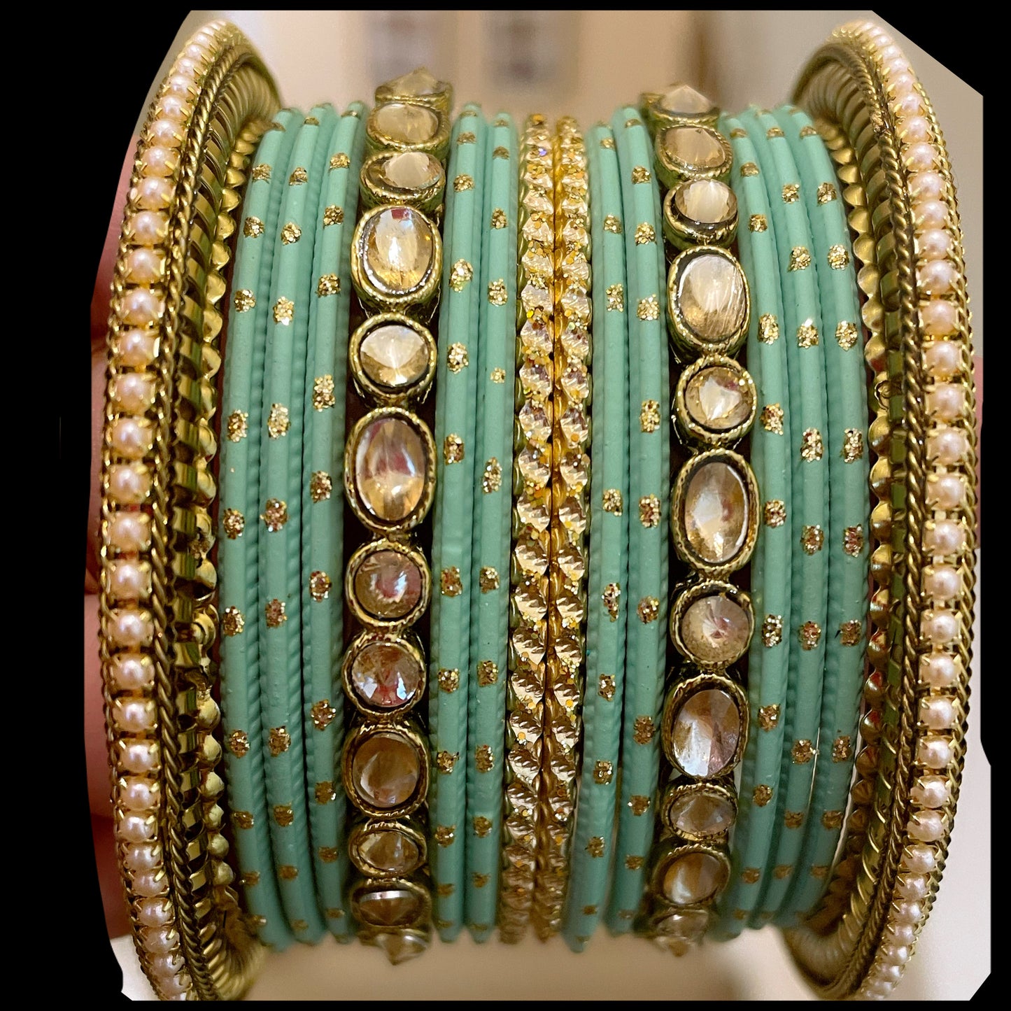 Mint Green Kundan Metal Bangle Set