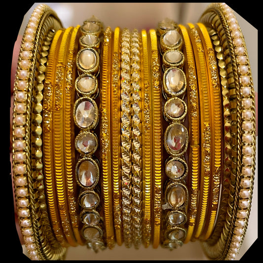 Mustard Yellow Kundan Metal Bangle Set