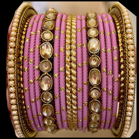 Lavender Kundan Metal Bangle Set