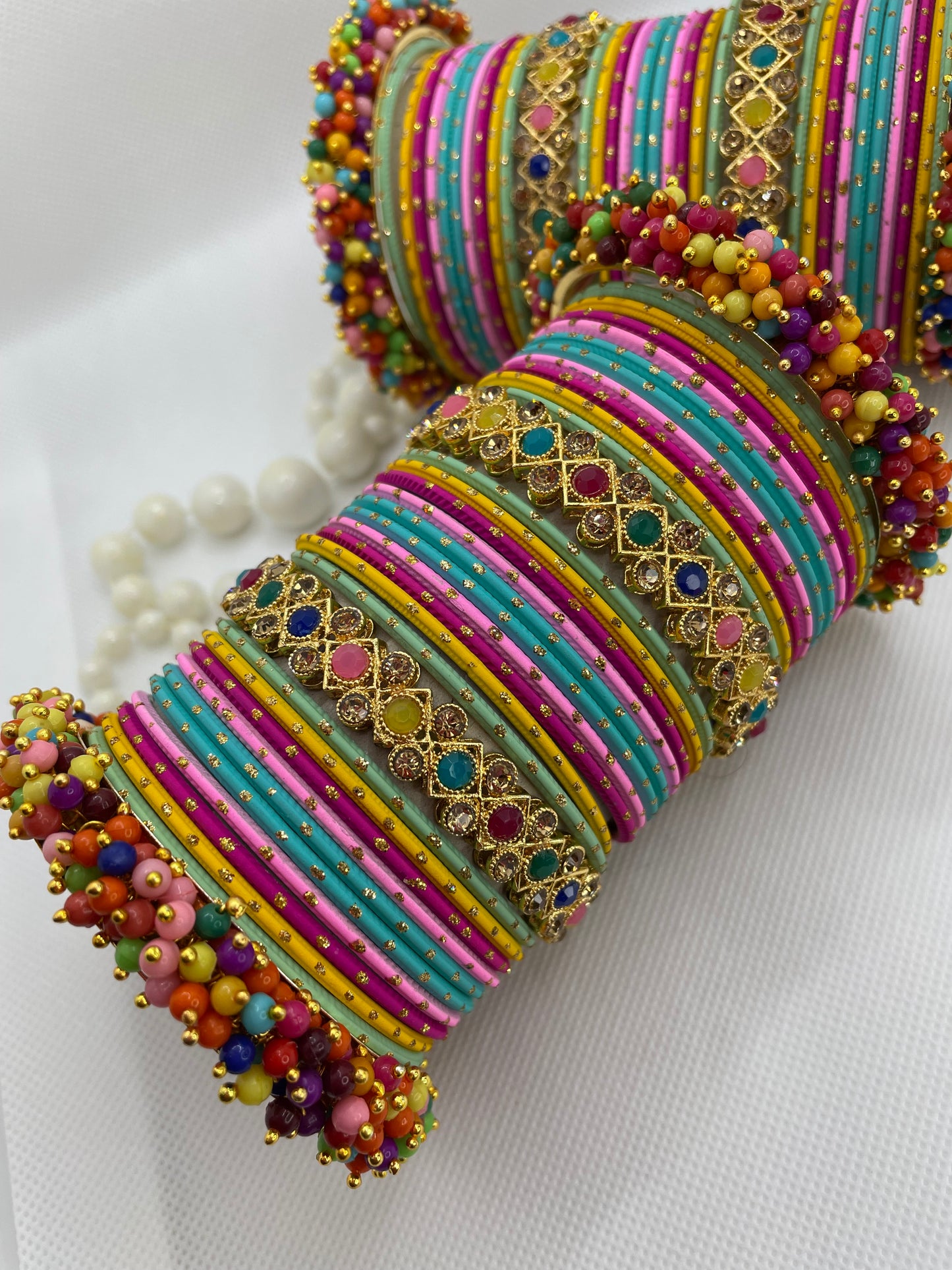 Multicoloured Beaded/Brass Metal Bangle Set