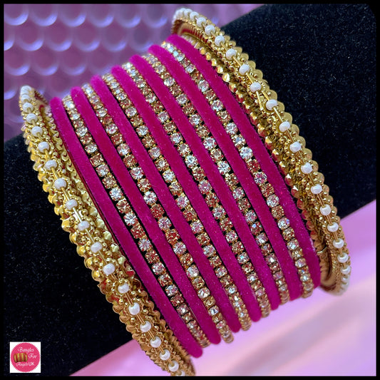 Hot Pink Zirconia Velvet Metal Bangle Set