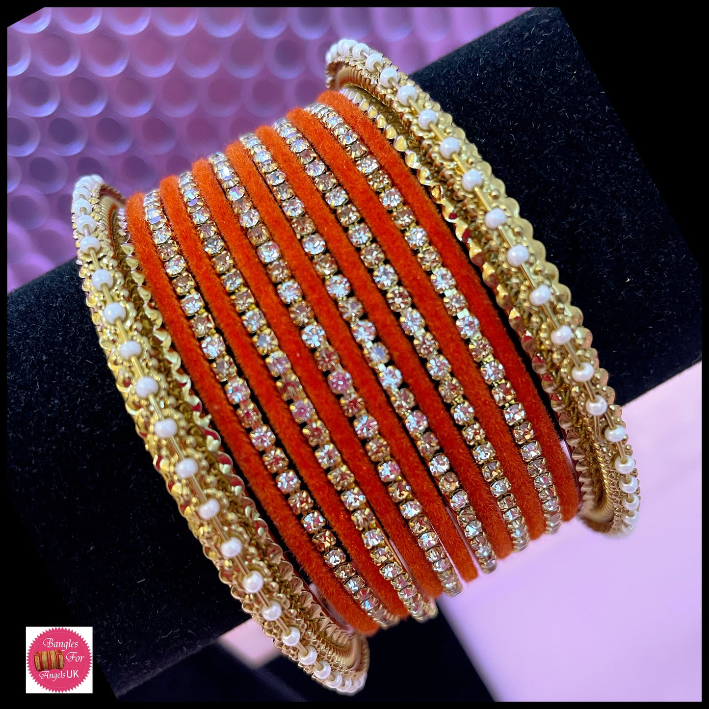 Orange Zirconia Velvet Metal Bangle Set