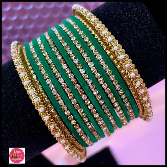 Green Zirconia Velvet Metal Bangle Set