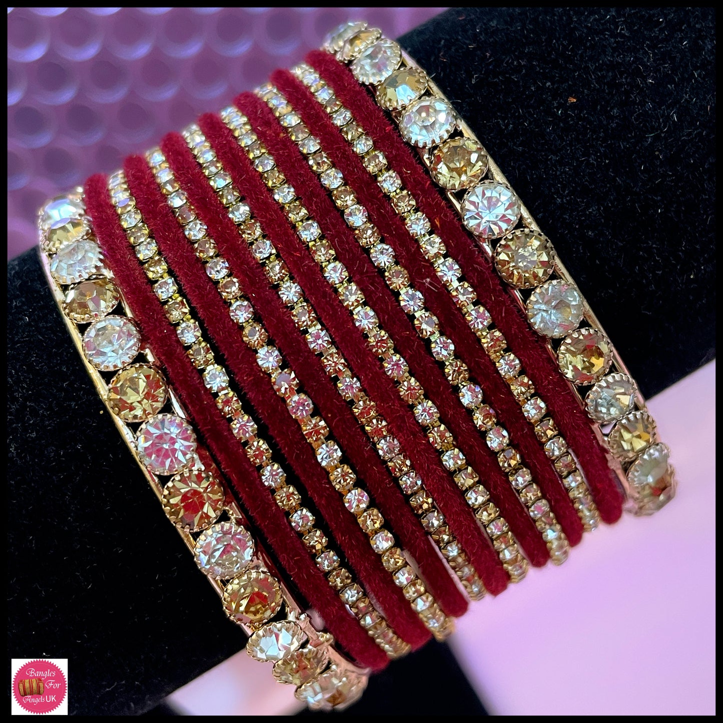 Maroon Zirconia Velvet Metal Bangle Set