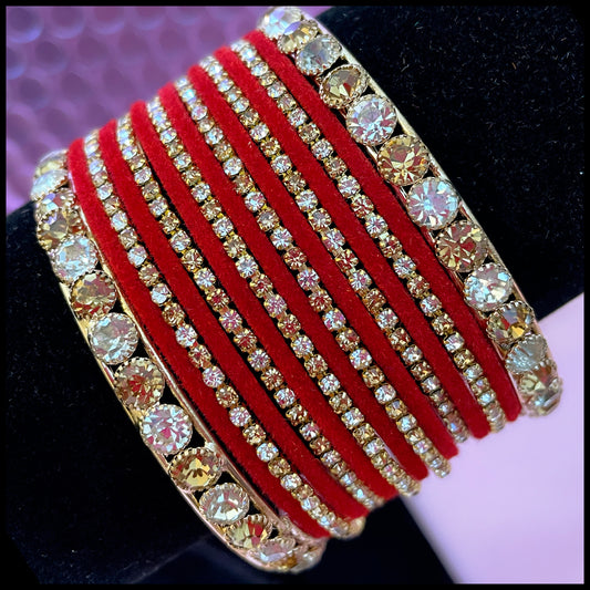 Red Zirconia Velvet Metal Bangle Set