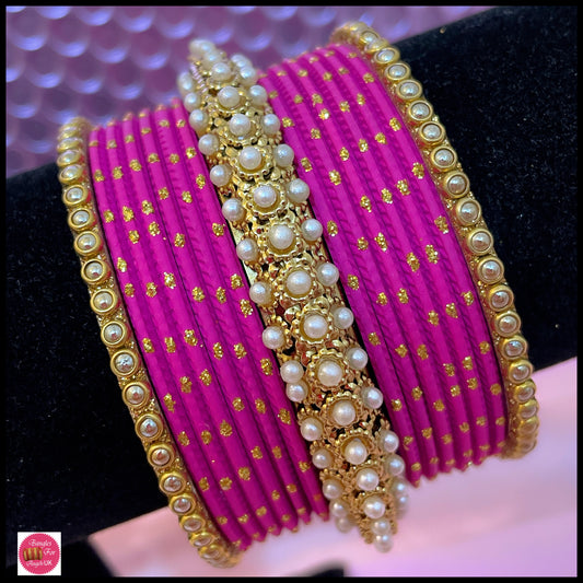 Hot Pink Pearl Metal Bangle Set