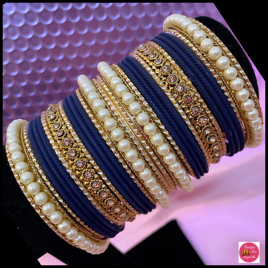 Navy Blue Pearl Metal Bangle Set