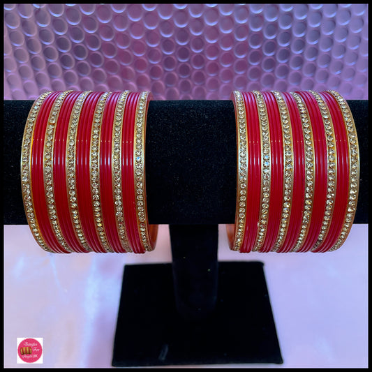 Red & Gold Diamonte Acrylic Chura Bangles Set- Size 2.2/2.4/2.6