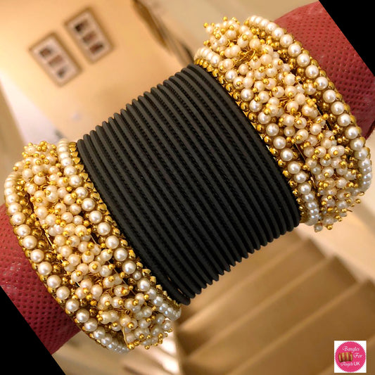 Pearl Metal Bangle Set - Black