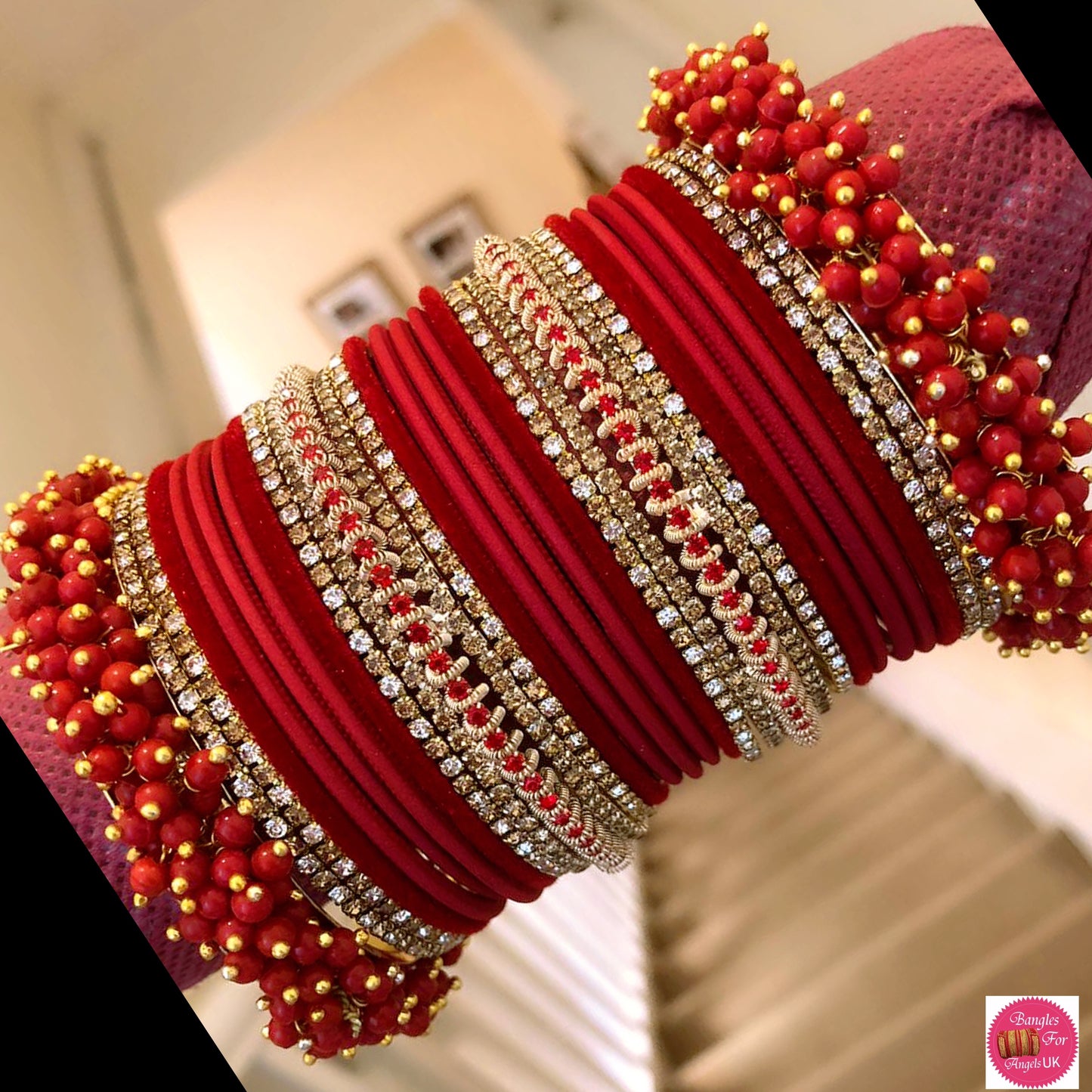 Red Beaded Zirconia Bangle Set