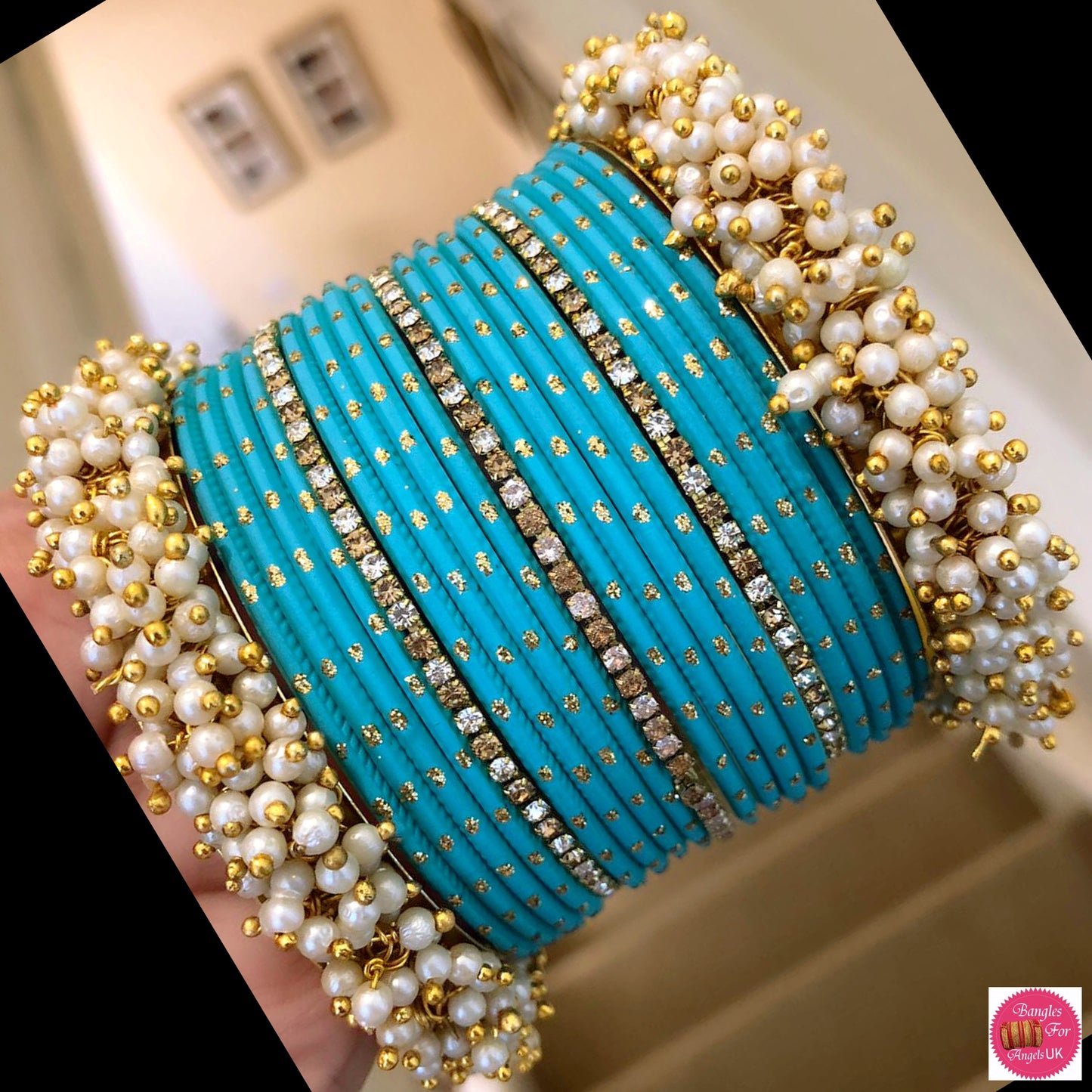 Pearl Metal Bangle Set - Sky Blue