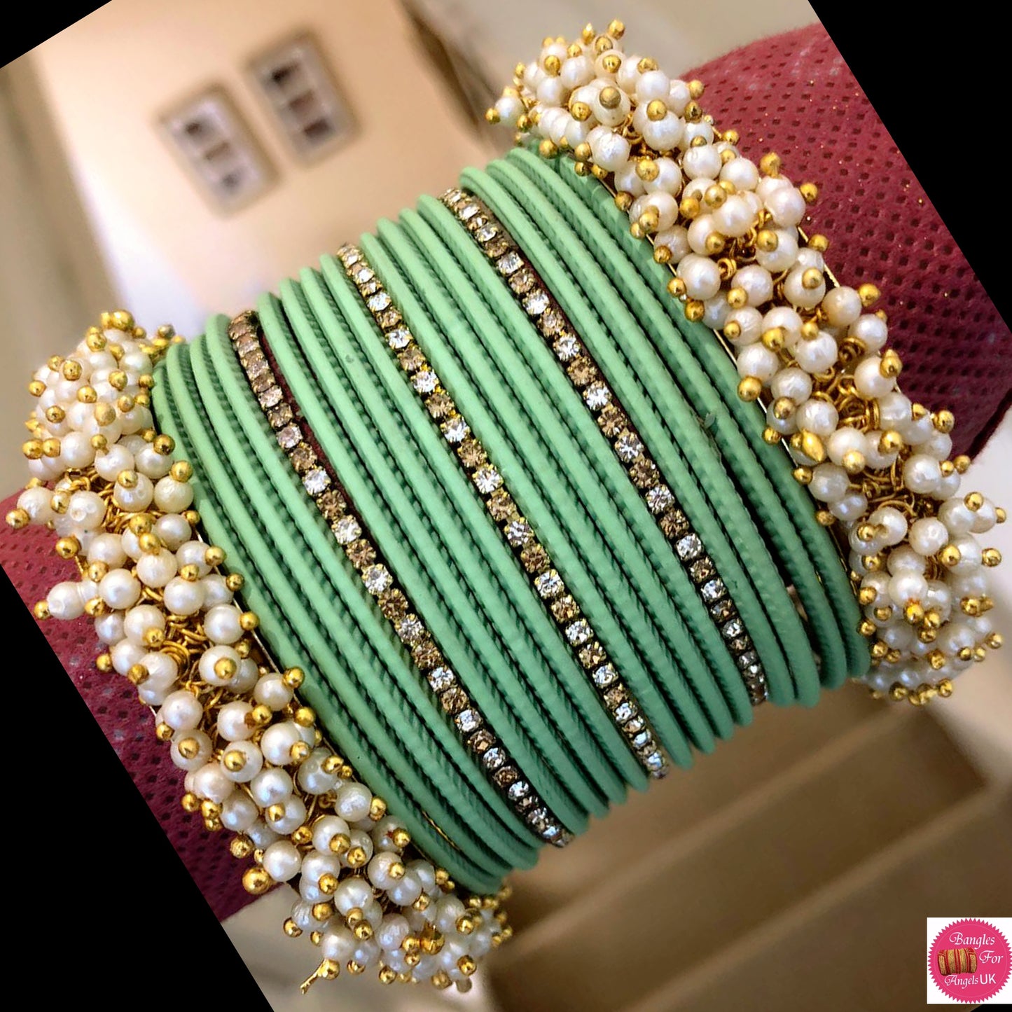 Pearl Metal Bangle Set - Mint Green