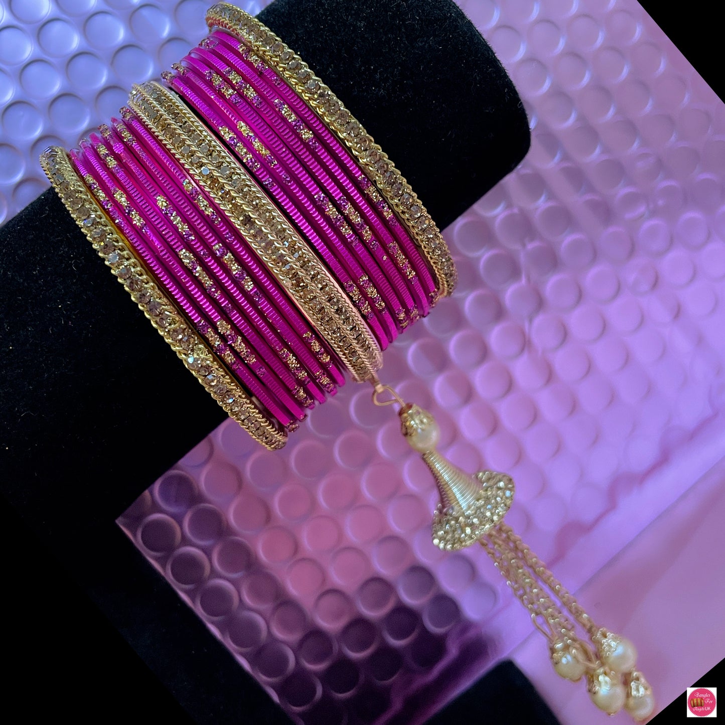 Gold Zirconia Hanging Pearl Bangles Set- Hot Pink